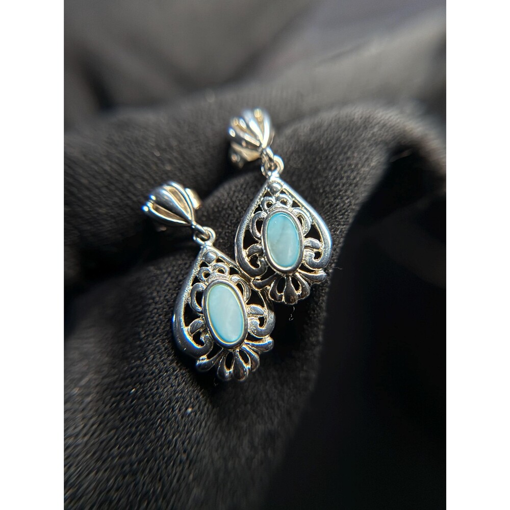 Sterling Silver Blue Shell Filigree Drop Earrings